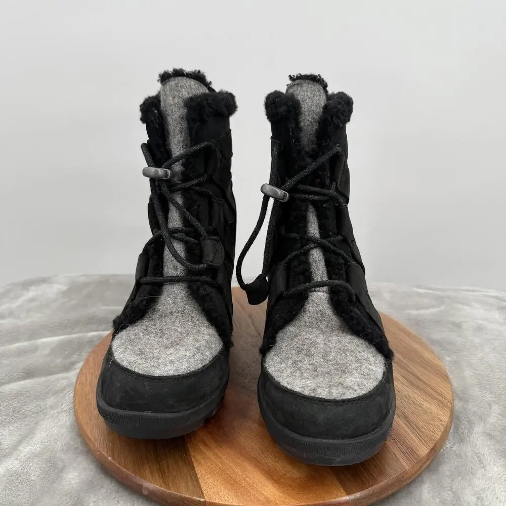 Sorel Wedge Boots Womens 9‎ Black Gray Suede Shearling Lace Up Winter Lug Sole